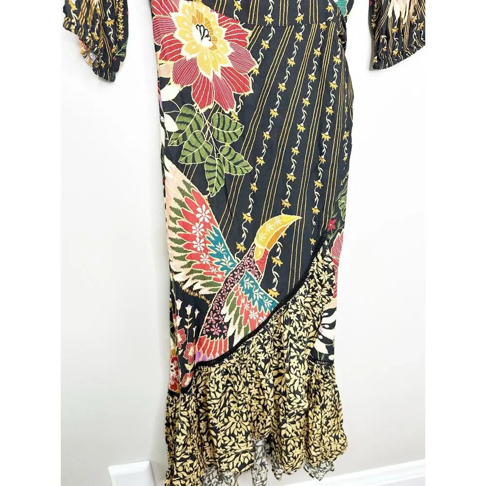 Farm Rio Anthropologie Black Tropical Floral Wrap Maxi Dress Medium - Picture 5 of 9